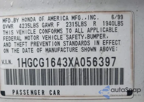1999 Honda Accord Lx V6 from USA, damaged, VIN 1HGCG1643XA056397